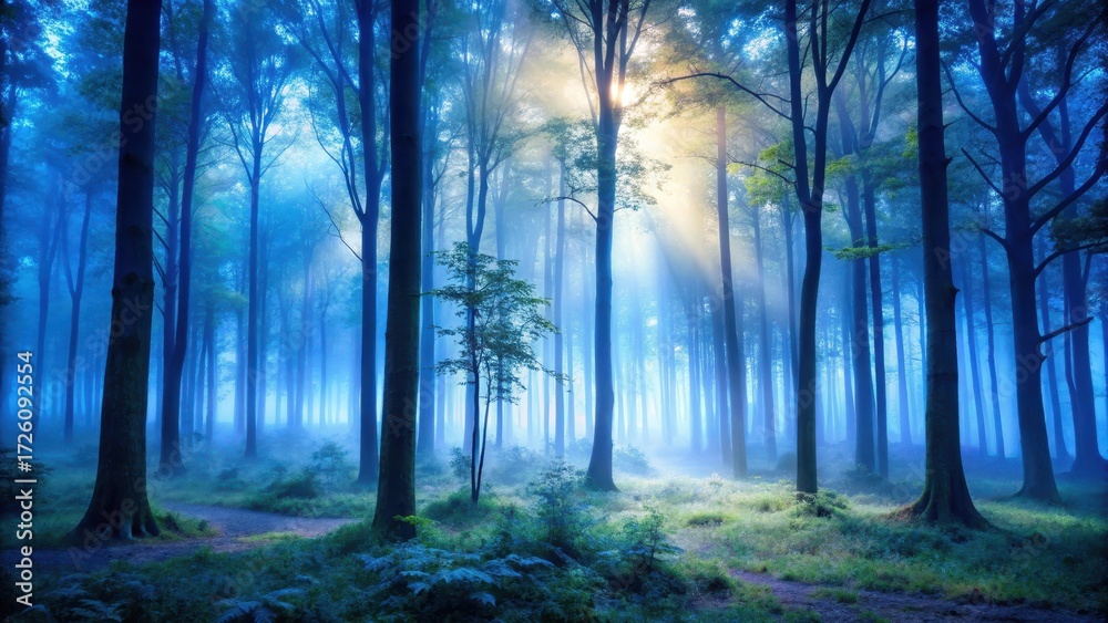 Fototapeta premium Misty forest with blue mist at dawn