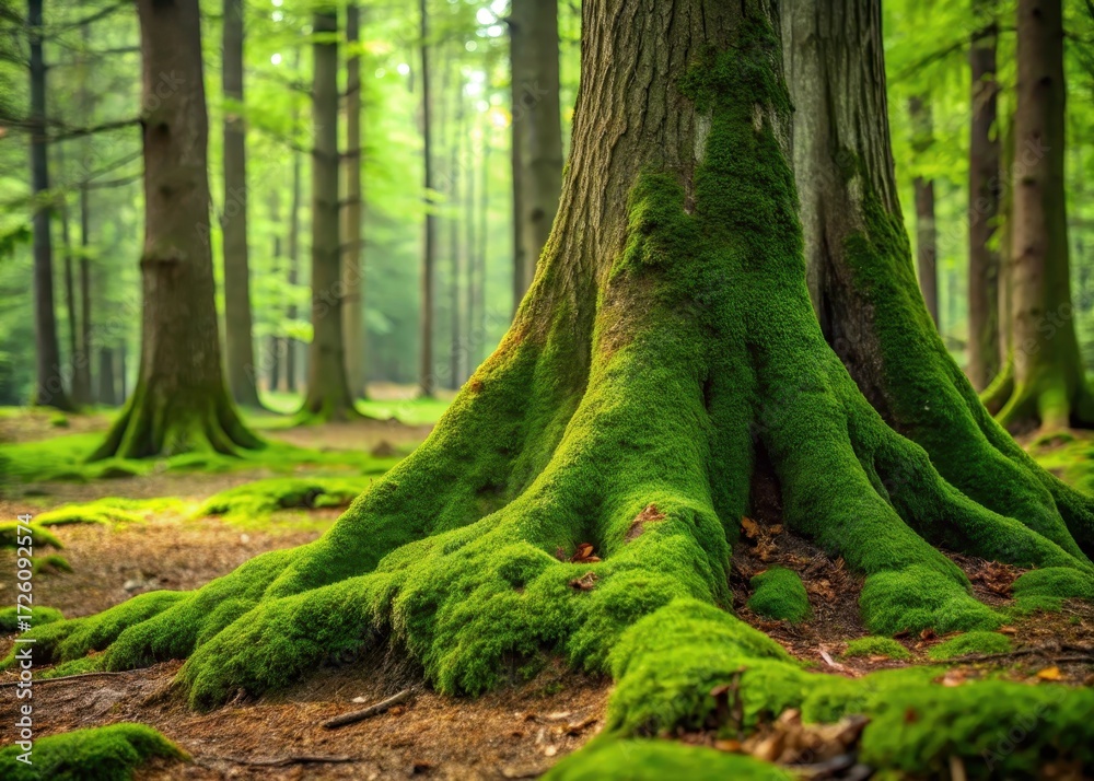 Obraz premium Lush green moss carpet under a large tree trunk in a forest clearing