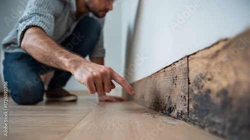 Man examining termite infestation on baseboard and wall corner. Close-up of damaged wood with visible mold and pests. Home maintenance and pest control problem