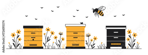 Apiary with Beehives in Wildflowers - Minimalist Vector