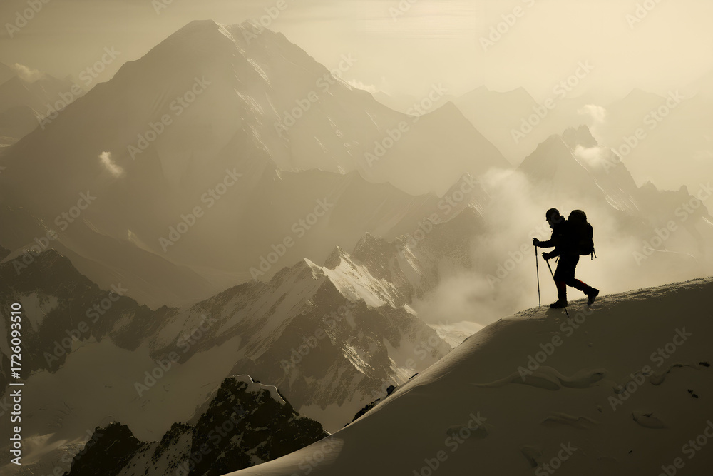 Fototapeta premium A man hiking on top of a mountain.