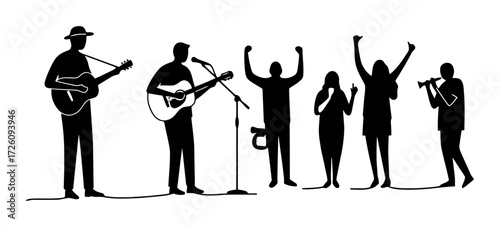 Street Musicians Performing for Crowd - Minimalist Vector