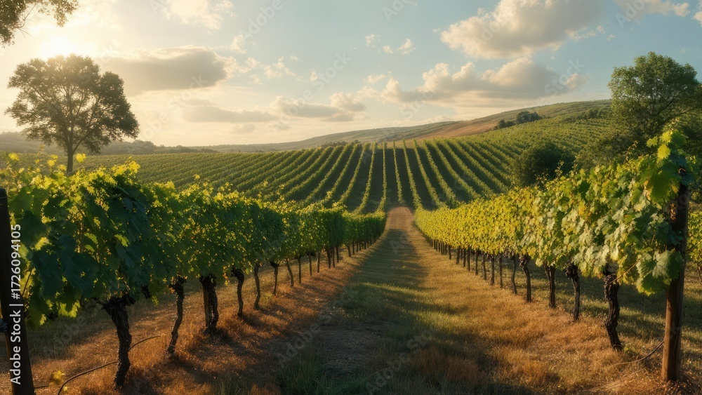 Naklejka premium Vineyard landscape with rows of grapevines