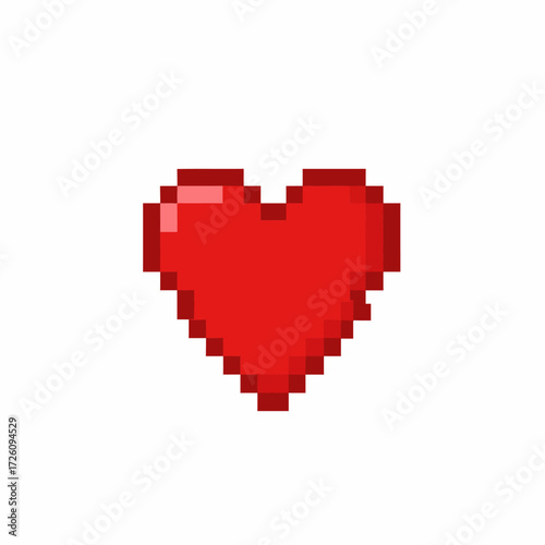 Red heart made of pixels with a light reflection in the upper left quadrant