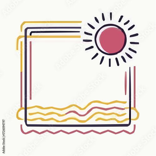 Cartoon sun with rays shining over a decorative beach scene  
