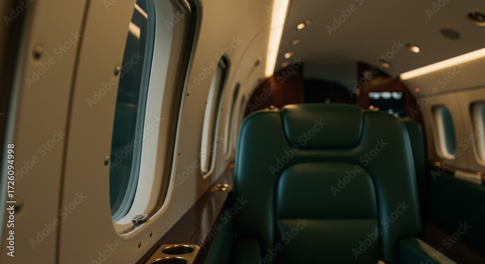Fototapeta premium Luxurious Private Jet Interior, Sleek Cabin, Panoramic Views.