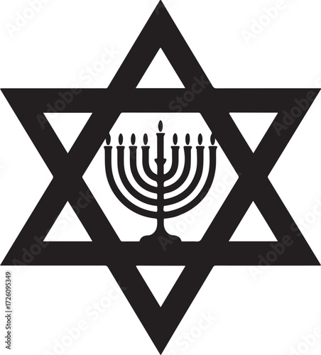 Black star of david with menorah symbol on light gray background