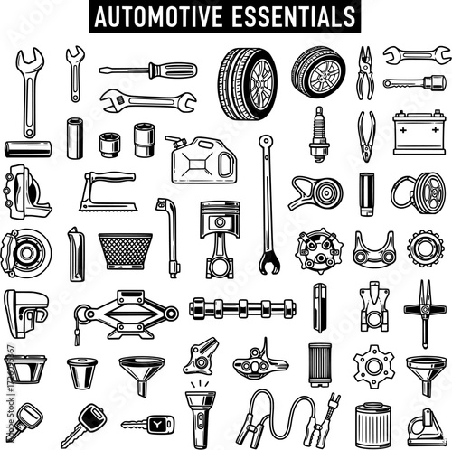 Automotive Essentials: Vector Illustration of Car Parts and Tools for Vehicle Maintenance