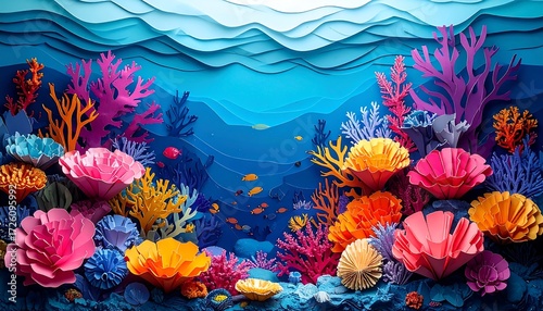 A colorful, paper-crafted ocean scene showcasing coral reefs, fish, and layered, blue wave elements. Decorative paper art with vivid hues