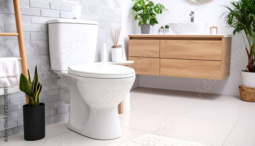 Modern bathroom with a white toilet and wooden vanity