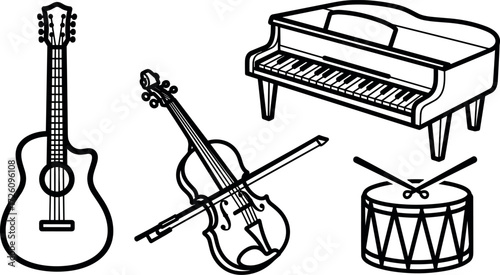 Line art illustration of musical instruments: guitar, violin, piano, and drum