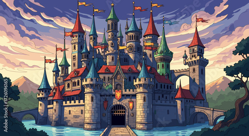 Cartoon castle with towers, flags, and water surroundings