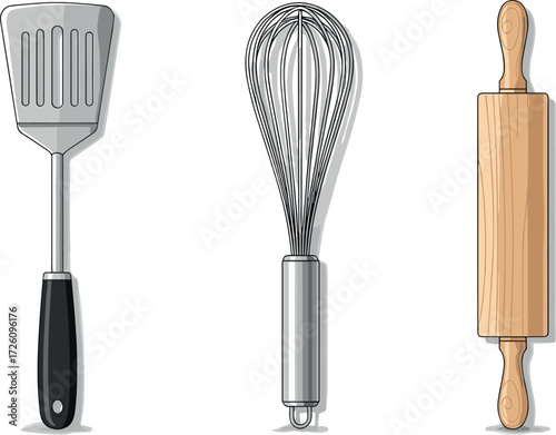 Spatula, whisk, and rolling pin isolated on white background