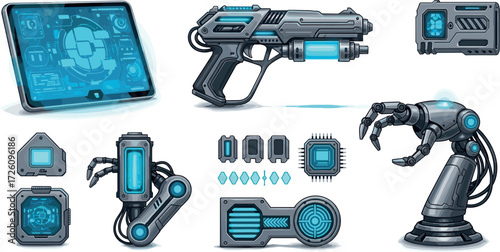 Futuristic technology set: tablet, gun, robotic arm, and components