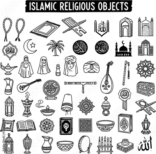 Detailed hand-drawn set of Islamic religious objects and cultural symbols: mosque, Quran, prayer beads, lamps, traditional attire, and calligraphy in doodle style.