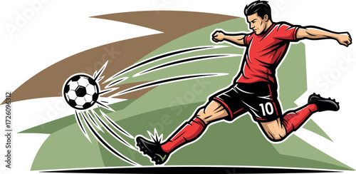 Illustration of a soccer player kicking a ball with motion lines