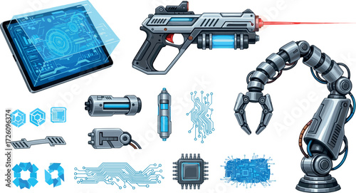 Illustration of futuristic technology elements: tablet, laser gun, robotic arm, and circuitry