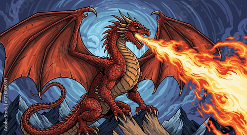 Illustration of a red dragon breathing fire on a mountain peak
