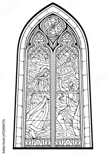 Gothic stained glass window from Our Lady of Good News church in Lorient. Drawing of rescuing of drowning fishermen. Hand drawn vector. Black and white page for coloring book. French architecture.