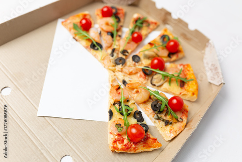 Gourmet Pizza Slices in a Box with Shrimp, Tomatoes, and Olives