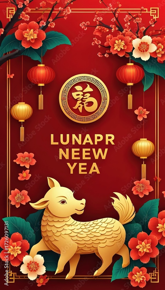 Fototapeta premium Chinese New Year Red Lantern Background with Gold Clouds and Festive Decorations