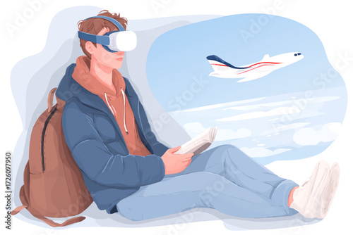 a woman sitting on the ground wearing goggles and carrying a backpack reading a book with an airplane flying in the background1