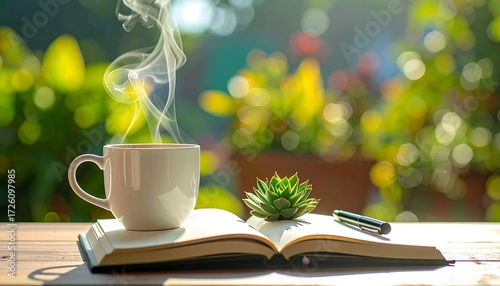 Steaming cup of coffee rests on open book next to succulent