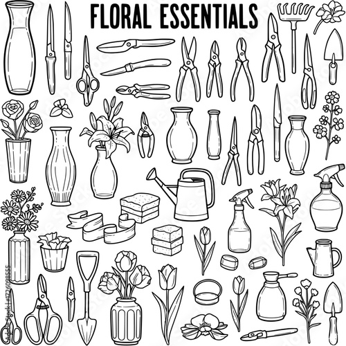 Floral and Gardening Essentials: Hand-Drawn Collection of Tools, Vases, and Flowers Line Art