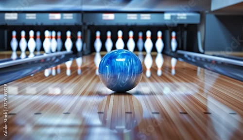 Colorful bowling ball rolling down polished wooden bowling lane toward white bowling pins, modern bowling alley with lane markings, bright studio lighting, large depth of field