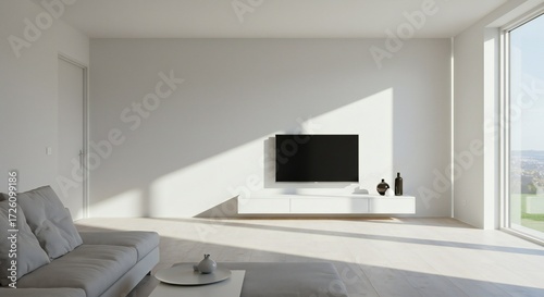 A minimalist living room featuring a light gray sofa, a flat-screen TV mounted on a white wall, and a large window allowing natural light to flood the space.
