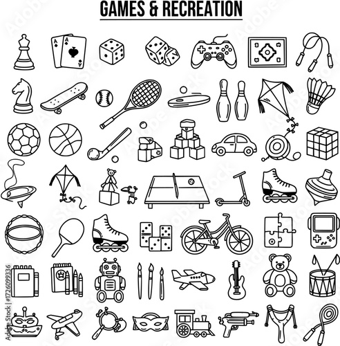 Collection of hand-drawn line art icons representing various games, toys, sports, and recreational activities, perfect for leisure, hobbies, and entertainment concepts.