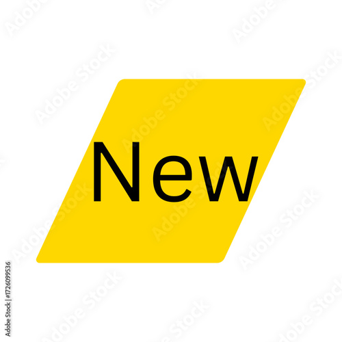 Yellow rhombus graphic with the word new inside for product launch announcement and recent updates design element