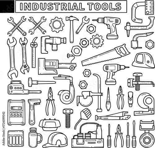 Set of Industrial Hand and Power Tools Outline Icons Collection