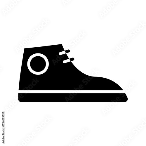 A simple shoe icon with a clean black silhouette and flat style, featuring the bold vector lines of a classic shoe. The minimalist design is ideal for fashion, footwear, casual style, shopping, e-comm