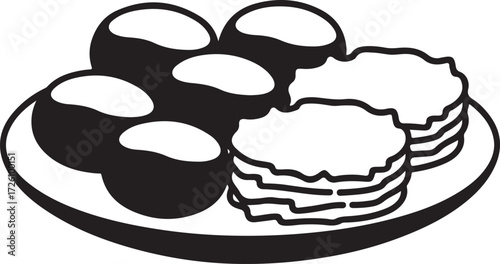 Simple line drawing of a plate with sushi rolls and stacked rice cakes