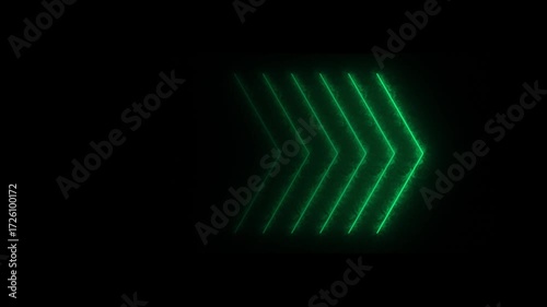 Right direction arrow. Glowing neon green right directional arrow on black background.