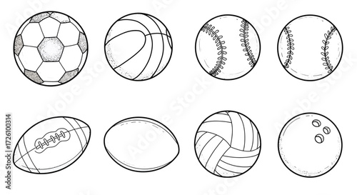Dynamic collection of hand drawn sports balls including soccer, basketball, baseball, football, volleyball and bowling ball, perfect for sports themed designs
