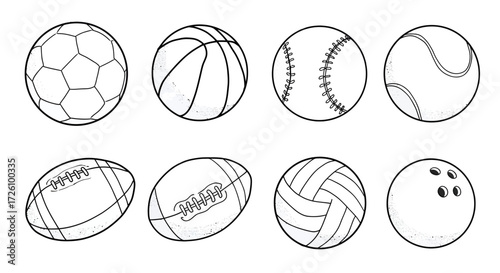 Exciting line art collection of sports balls for active kids and energetic teens, promoting team spirit and healthy competition for game day fun