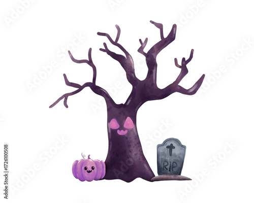 Spooky watercolor illustration for Halloween with a haunted tree, jack-o'-lantern, and gravestone on a white background