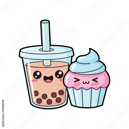 Cute boba tea and cupcake cartoon characters on white background