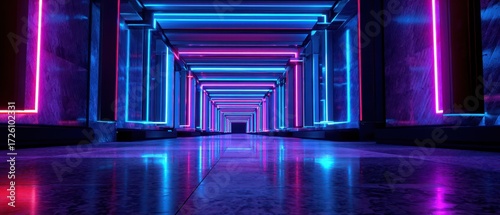 Fototapeta Naklejka Na Ścianę i Meble -  Futuristic Neon Tunnel - Reflective Floor, Blue Pink Light, Abstract Cyberpunk Corridor.