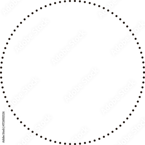 This is a minimalist graphic image featuring a large circle composed entirely of small, black dots. These dots are evenly spaced and form a perfect circular outline against a plain.