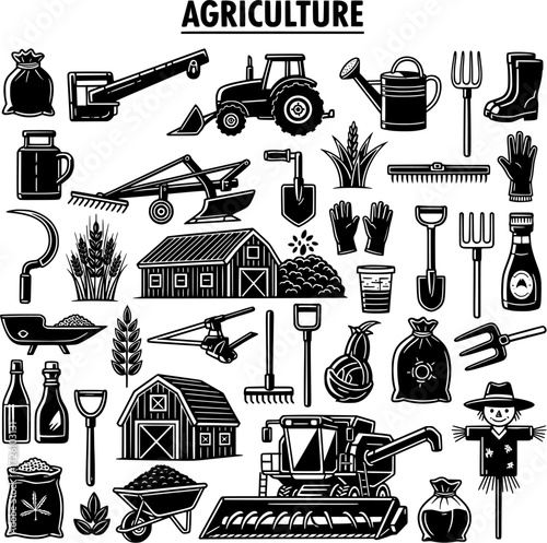 Agriculture Vector Illustration: Farming Equipment, Crops  Rustic Elements for Farm-to-Table Concepts