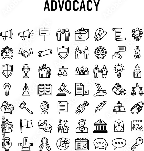 Advocacy Line Icons Collection: Megaphones, Justice Scales, Documents, Community, and Rights-Related Vector Symbols