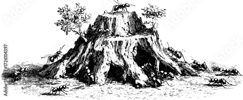 Vintage etching of ants and termites on termite mound for retro design