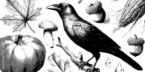 Autumn seamless patterns with maple leaves and harvest elements for seasonal designs