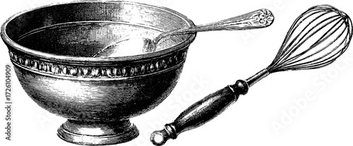 Vintage baking tools with whisk and mixing bowl in engraving style for culinary design