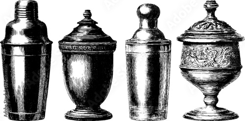 Vintage engraving style bar tools collection for cocktail design and decor