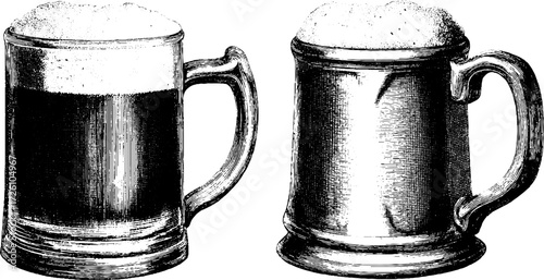 Vintage beer mugs and steins in engraving style for retro design and decor