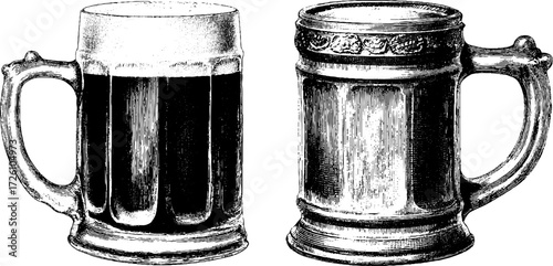 Vintage engraving style of beer mugs and steins sketch for retro design